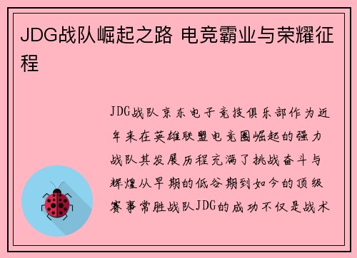 JDG战队崛起之路 电竞霸业与荣耀征程